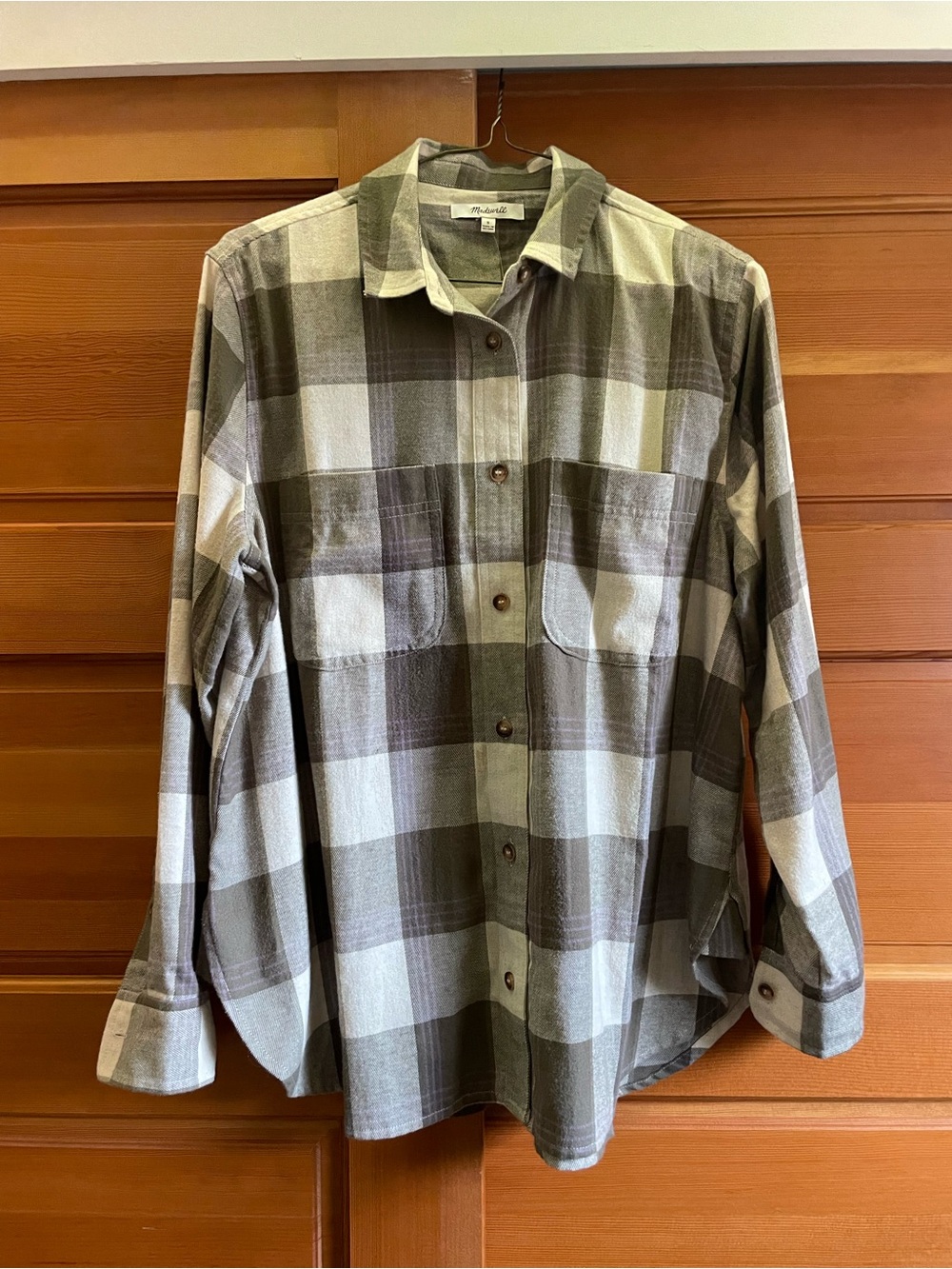 Madewell Casual Olive & Cream Plaid Flannel with Lavender Stripe Shirt - Womens